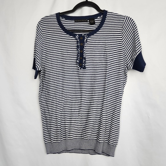 Preswick & Moore Womens Short Sleeve Striped Top 1/4 Button Blue White Sz Large - Picture 1 of 7
